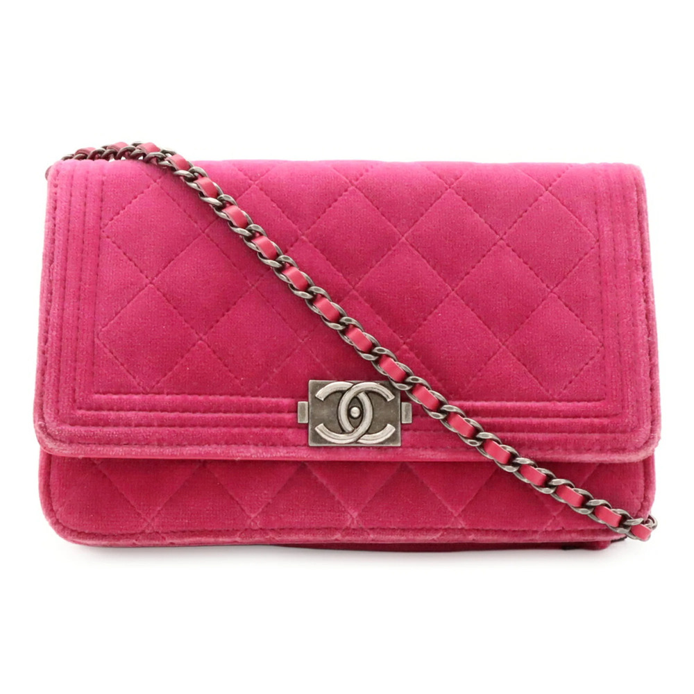 CHANEL Boy Chanel Matelassé Coco Mark Wallet Chain Shoulder Bag Velour Leathe...
